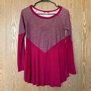 Red, long-sleeved, two-toned shirt